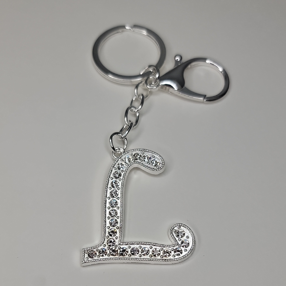 Letter L Initial L Alphabet L Rhinestone Silver Key Chain Bag Charm